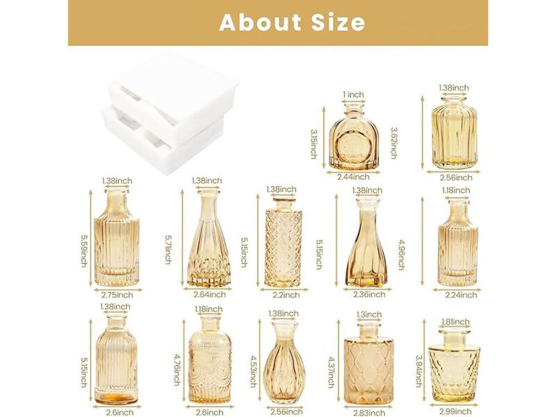 Set of 12 Gold Amber Glass Bud Vases &ndash; Vintage Mini Centerpieces image number 2