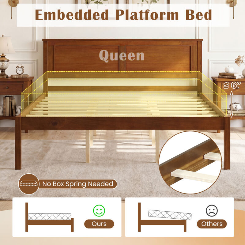 Farmhouse Wood Bed Frame with Headboard and Platform Design for Bedroom-Walnut image number 4