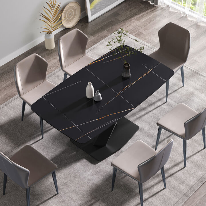 63" Modern artificial stone black curved black metal leg dining table -6 people