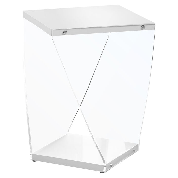 Monarch Specialties I 3033 Accent Table, Side, End, Nightstand, Lamp, Living Room, Bedroom, Acrylic, Laminate, Glossy White, Clear, Contemporary, Modern