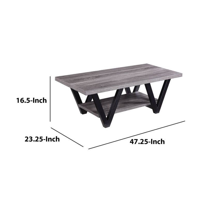 Zigzag Contemporary Solid Wooden Coffee Table With Bottom Shelf, Gray And Black-Benzara