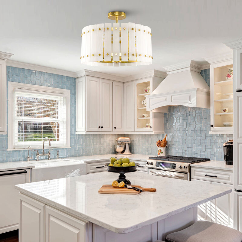 17.7" 4-Light Modern Gold Caged Semi Flush Mount Ceiling Light with Imitation Marble Shade