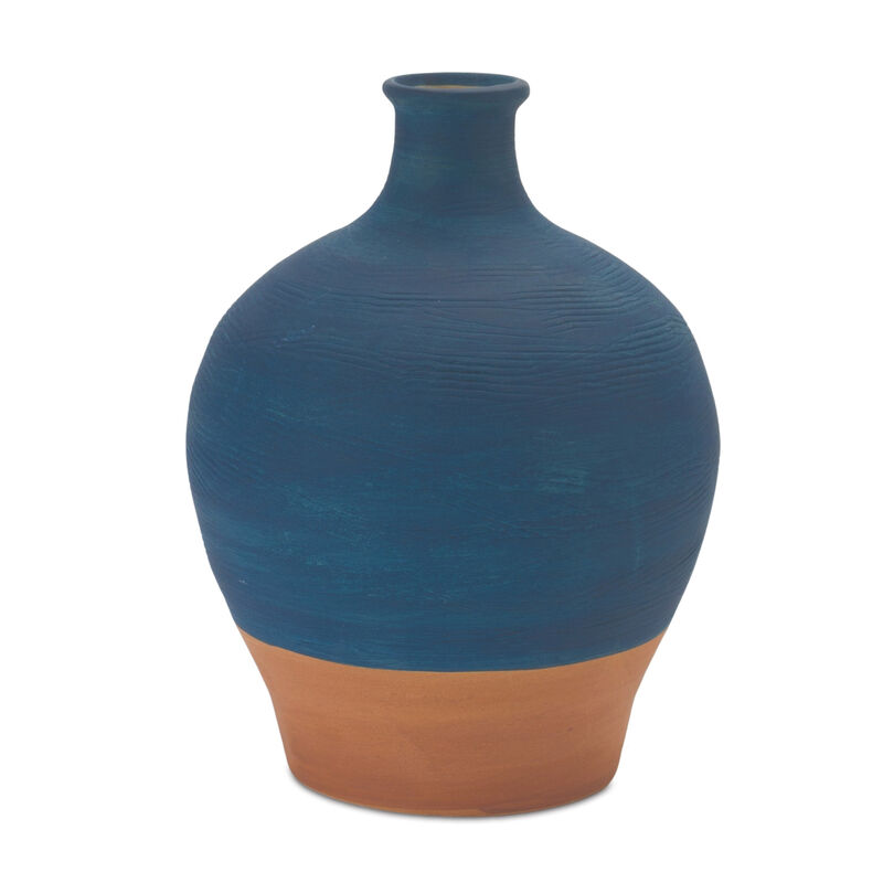 HomeRoots 9" Blue And Terra Cotta Ceramic Round Urn image number 0