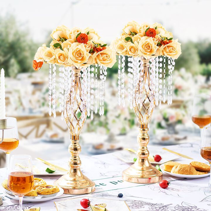 Crystal Wedding Flower Stand, Gold Metal Centerpiece Vase for Table Decor