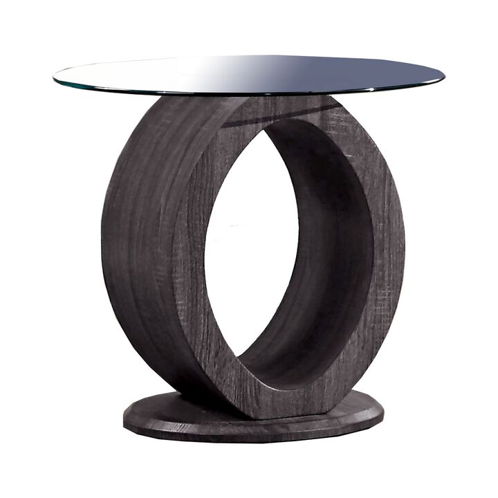 Tempered Glass Top End Table with O Shape Wooden Shape Base, Gray-Benzara