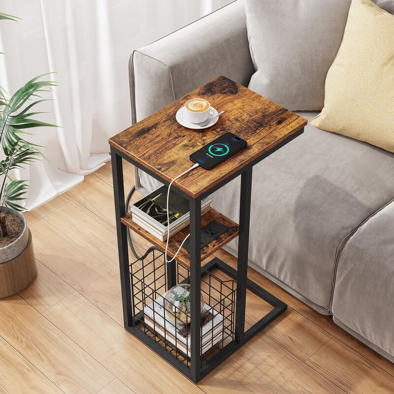 Vagusicc C Shaped End Table with Charging Station, Side Table for Couch, Small Side End Table for Small Spaces, 28"" High Slide
