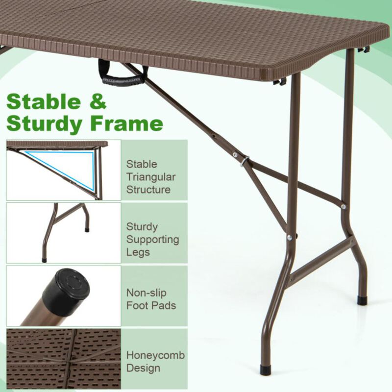 Hivvago 5FT Folding Picnic Table with Rattan Grain HDPE Tabletop and Sturdy Metal Fame