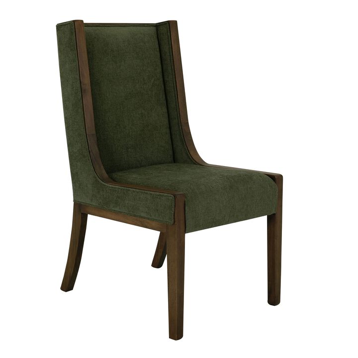 Okai Dining Chair Set of 2, Olive Green Polyester Wingback, Brown Wood - Benzara