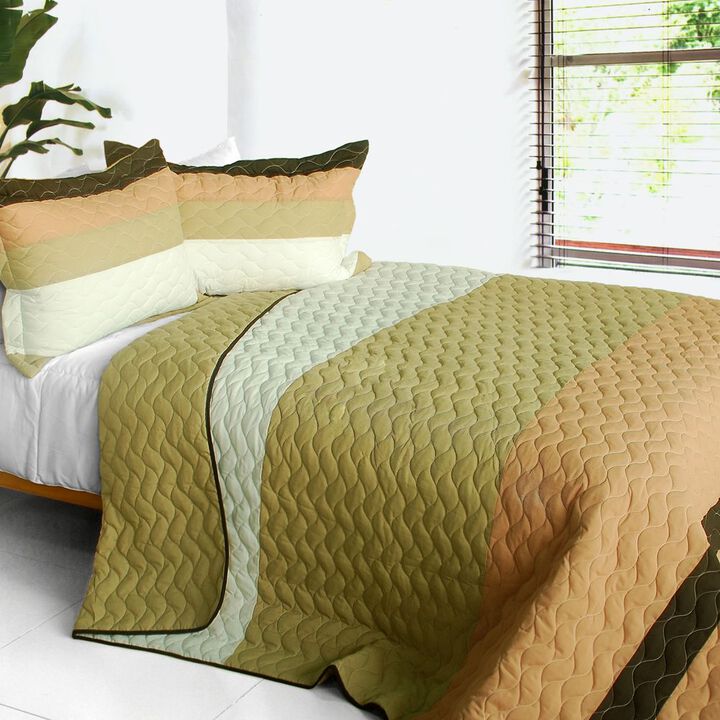 Reversible 3 Piece Vermicelli-Quilted Patchwork Quilt Set with Hand-Stitched Design-Brown