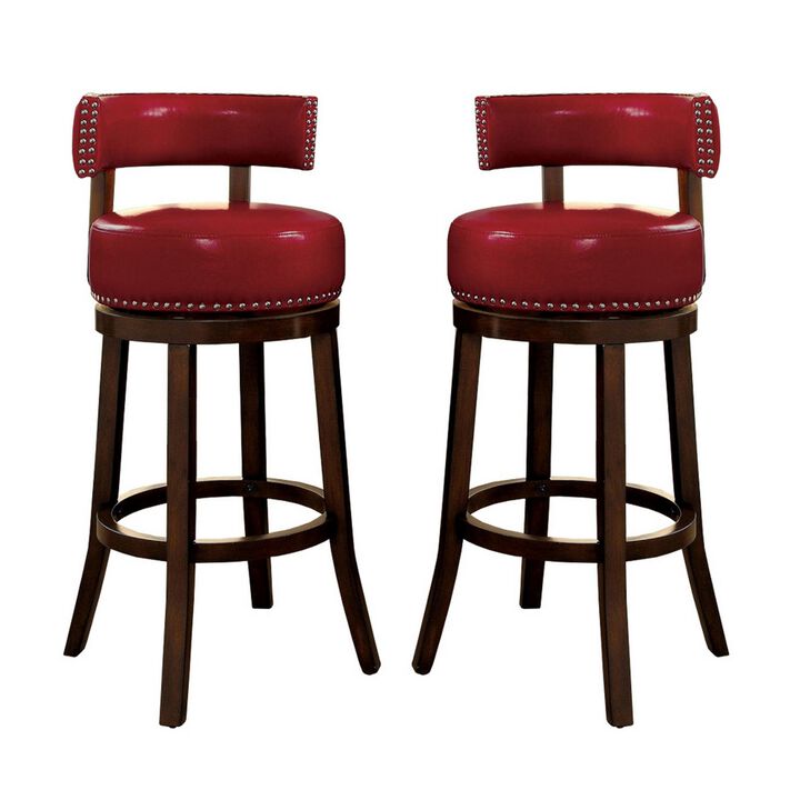 Contemporary 29" Barstool With Faux Leather Cushion, Red, Set of 2-Benzara