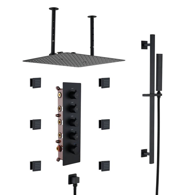 Mondawe 3 Functions 4 Sprays 16 Inch Ultra Thin Luxury Thermostatic Shower System with Slide Bar and 6 Body jets in Matte Black (Rough-in Valve Included)