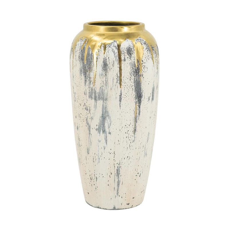 HomeRoots 14" Gray Ivory And Gold Modern Abstract Ceramic Table Vase image number 2