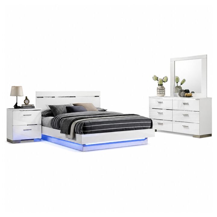 Pero 4pc Queen Bedroom Set with LED, Chrome and White, Dresser Mirror