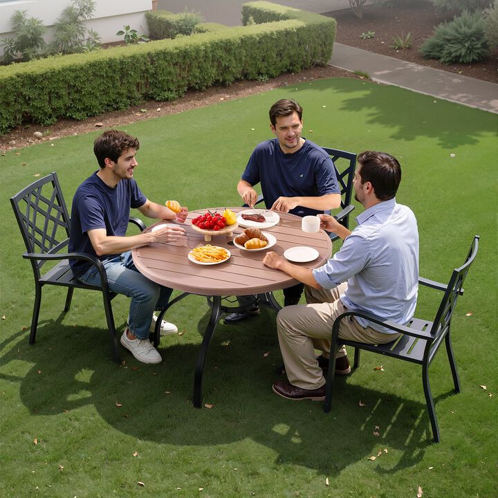 Outdoor Round Bistro Table, Wood-Look Steel Slat Patio Dining Table with Umbrella Hole