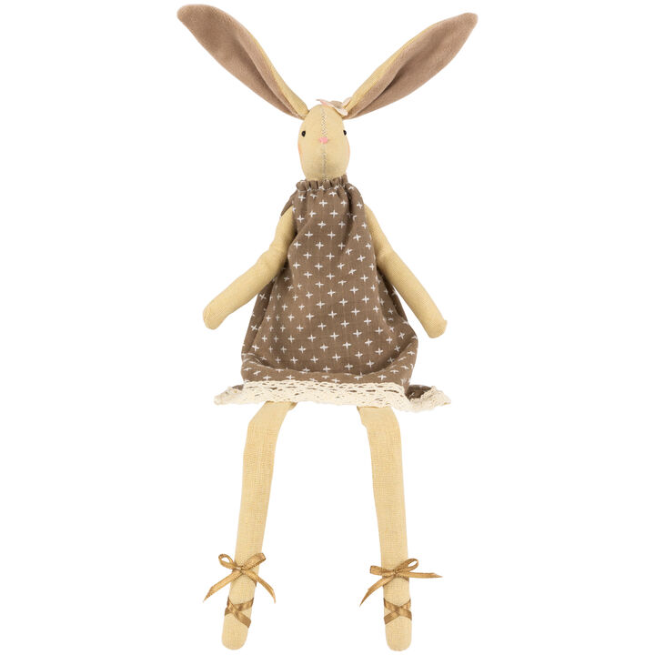 Plush Sitting Girl Bunny Tabletop Easter Figurine - 12" - Beige and Brown