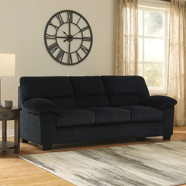 Simy Sofa, 83 Inch Black Polyester Corduroy, Modern Plush Pillow Arms