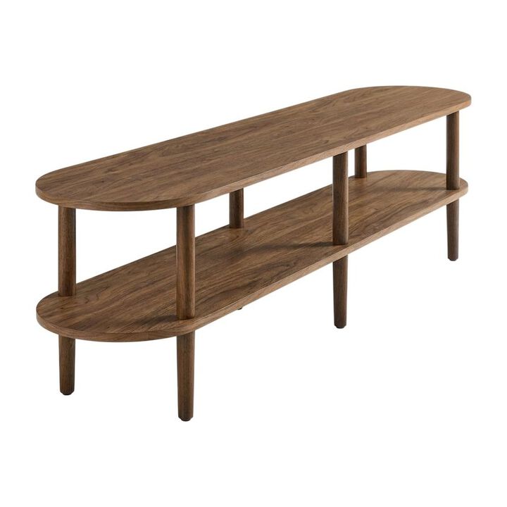 Brown wood TV stand with solid mango construction and oval design