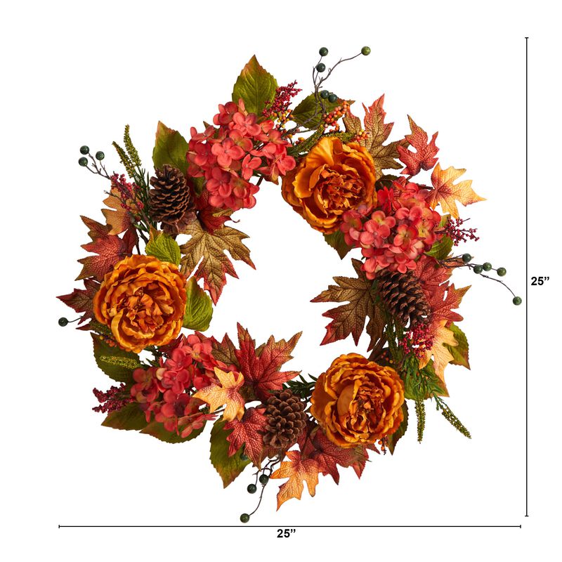 HomPlanti 25" Fall Ranunculus, Hydrangea and Berries Autumn Artificial Wreath image number 2