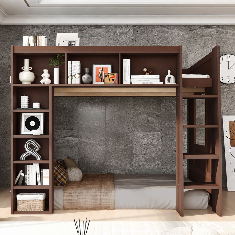 Merax Queen Wooden Loft Bed with Storage Cabinets image number 2