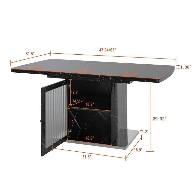 47.24"-63"Modern Rectangle Dining Table, Stretchable, with Printed White Marble Table Top+Storage Cabinet Table Leg with Metal Base image number 3