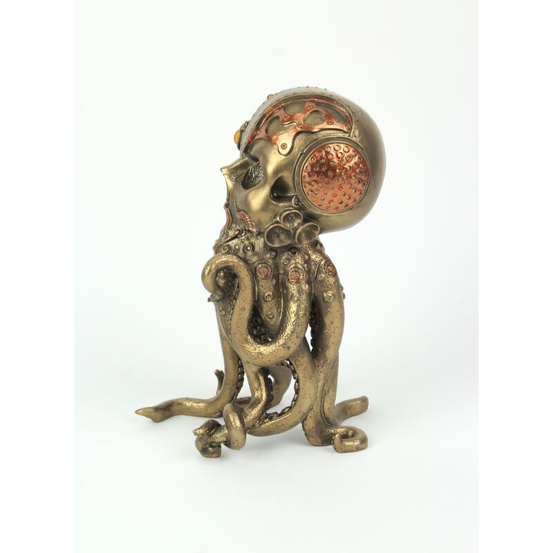 Bronze Copper Finished Steampunk Human Skull Octopus Fantasy Tabletop Statue image number 3