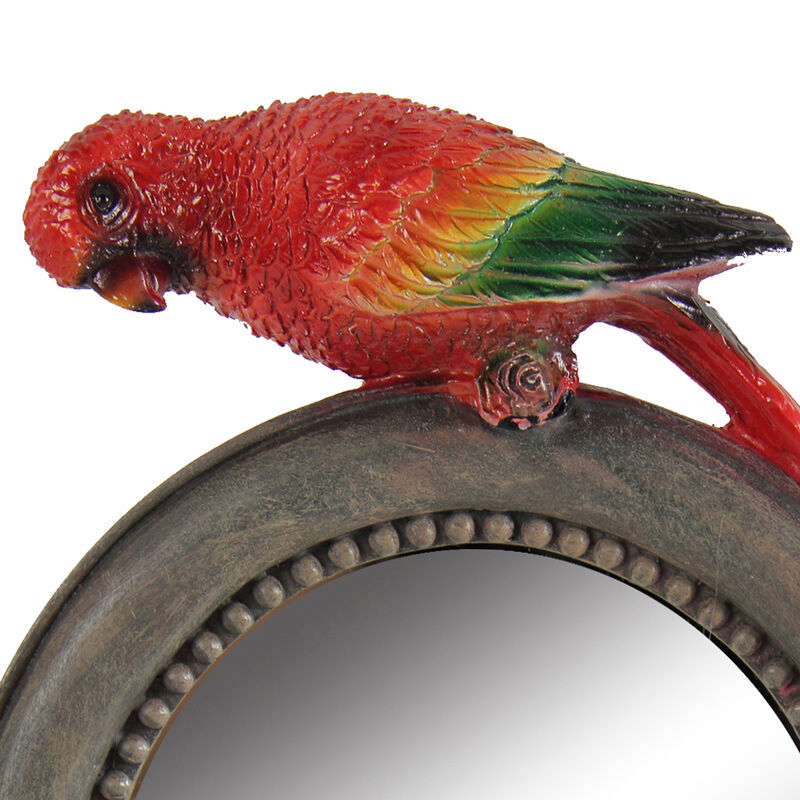 Round Wooden Framed Mirror with Parrot Sculpture Top, Multicolor image number 4