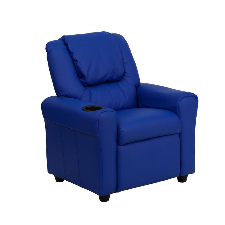 Flash Furniture Vana Vinyl Kids Recliner with Cup Holder, Headrest, and Safety Recline, Contemporary Reclining Chair for Kids, Supports up to 90 lbs., Blue