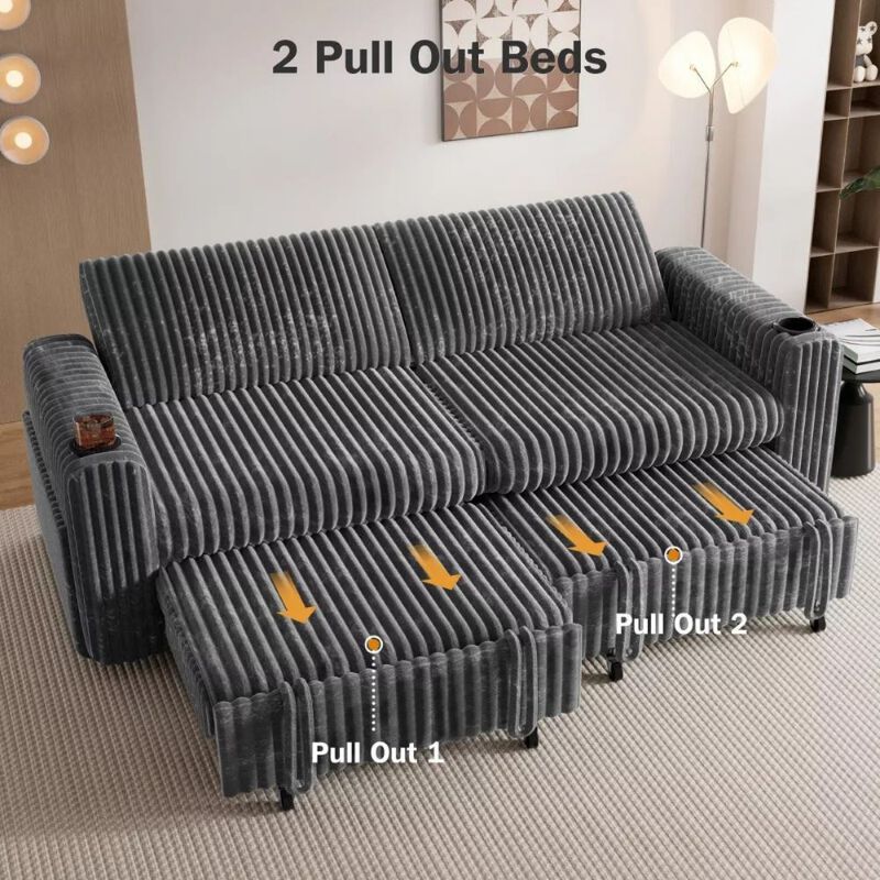 91" Convertible Sleeper Sofa Bed, Loveseat with 5-Level Reclining Backrest, Pull-Out Bed, USB Ports image number 2