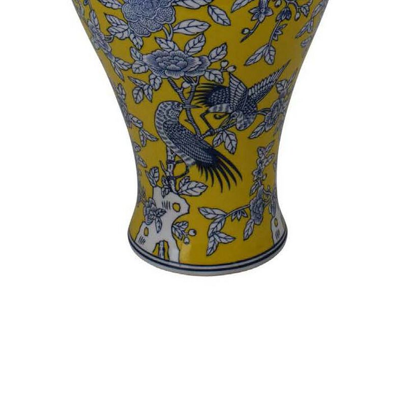 Chris Decorative Jar, Yellow Bird and Floral, Blue Ceramic 20 Inch - Benzara