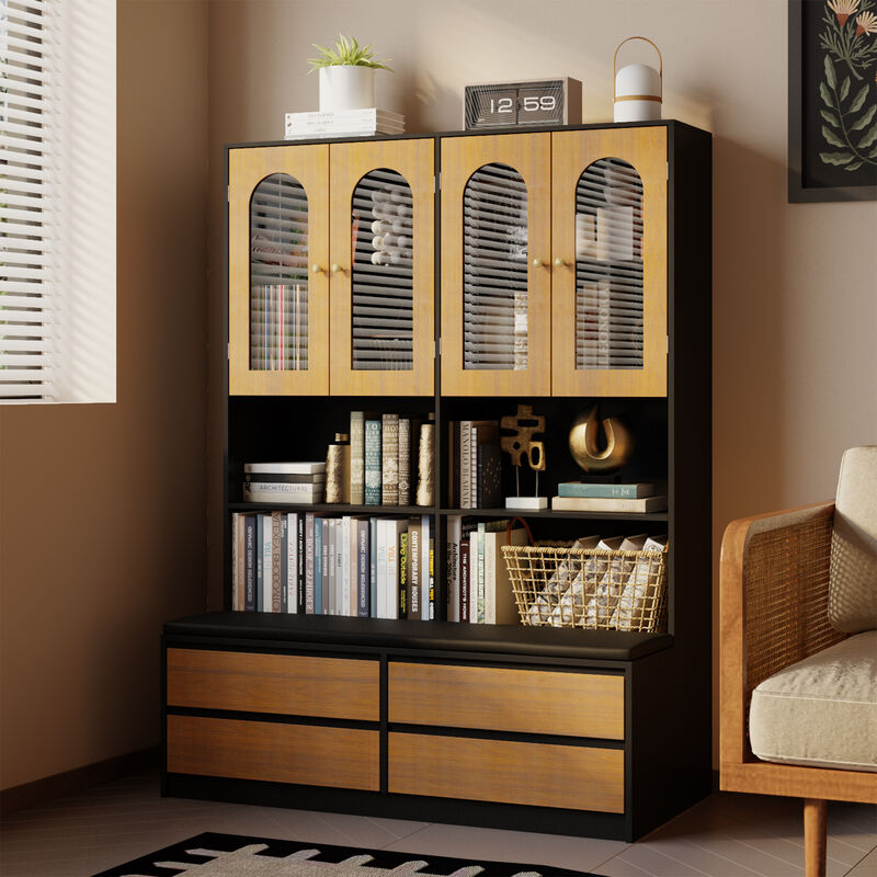 FUFU&GAGA Modern Cabinet with Seating &ndash; MDF Construction, 4 Glass-Panel Doors, 4 Drawers, and Cotton Seat Cushion, (47.2" L x 11.8" W x 63.6" H), Brown