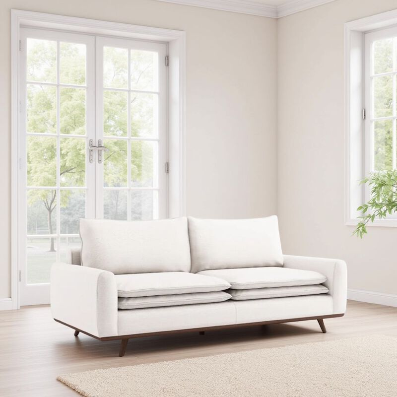 Yaana Sofa with Feather Blend Pillows, Dark Brown Wood, White 83 Inch - Benzara