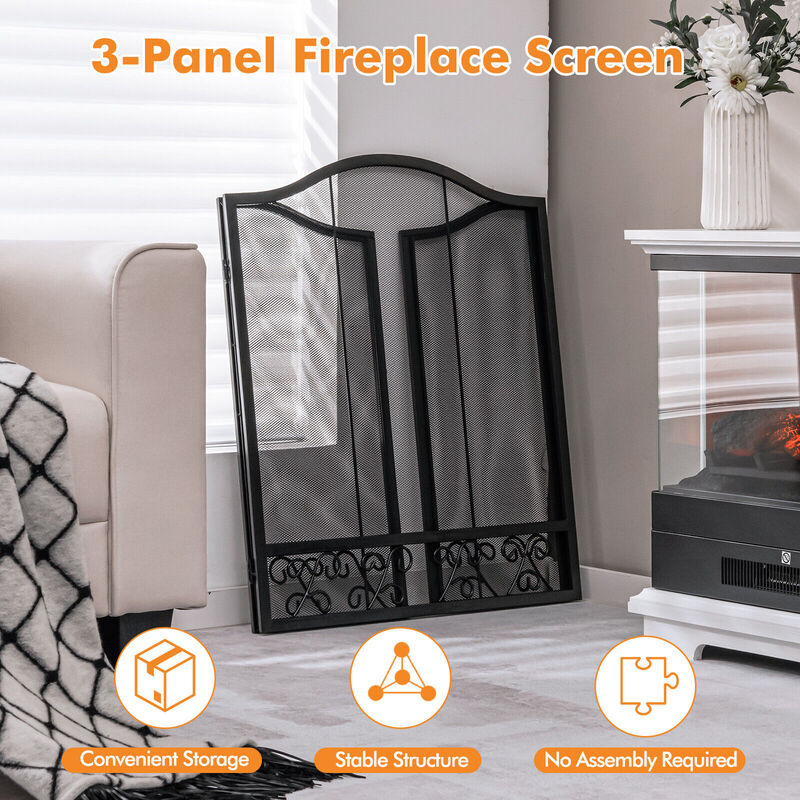 3-Panel Fireplace Screen Decorative Spark Guard