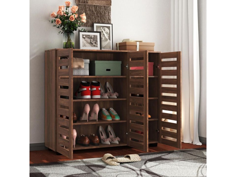 Entryway Wood Shoe Storage Cabinet 4 Tier Adjustable Shelves Walnut