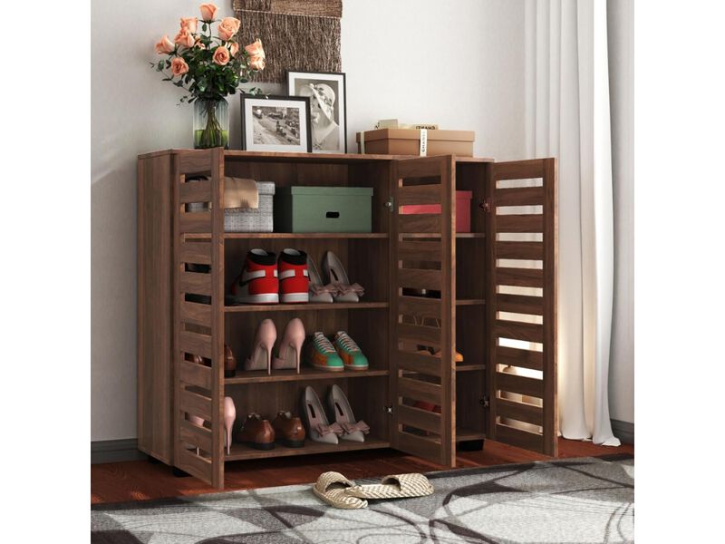 Entryway Wood Shoe Storage Cabinet 4 Tier Adjustable Shelves Walnut image number 1