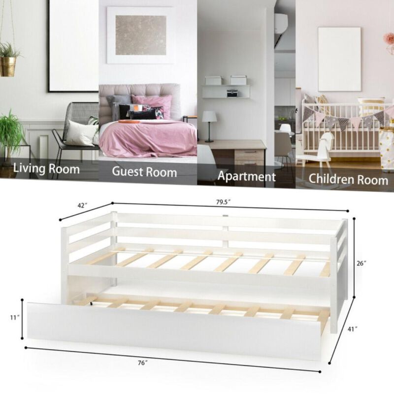 Hivvago Twin Size Trundle Platform Bed Frame with  Wooden Slat Support