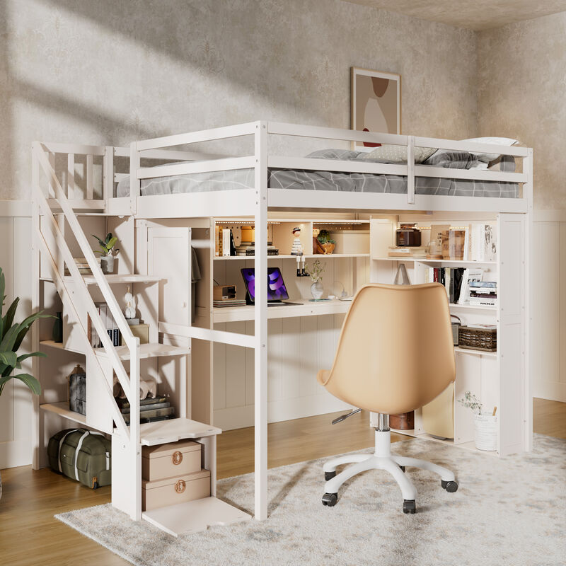 Whisen Full Loft Bed with Wardrobe Desk Shelves, Solid Wood Space-Saving for Bedroom Kids image number 3