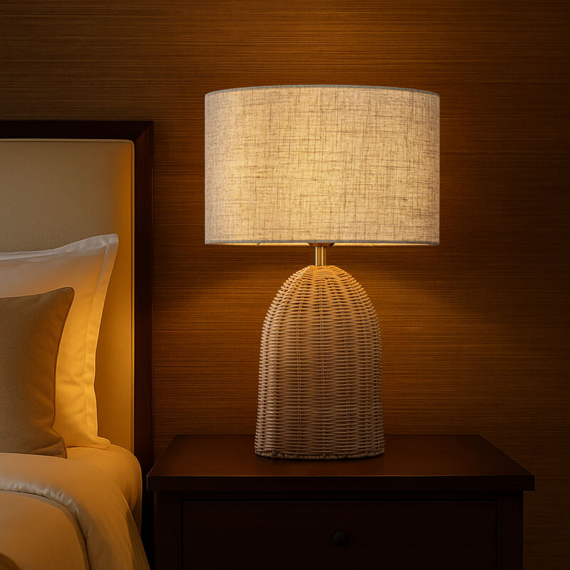20'' Natural Rattan Bedside Table Lamp Coastal Nightstand Lamp with Classic Beige Fabric Shade for Bedroom, Living Room image number 3