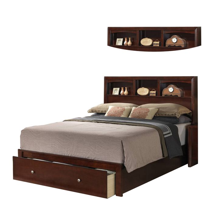 Queen Bed with Storage Footboard, Bookcase Headboard, Modern Cherry Brown-Benzara