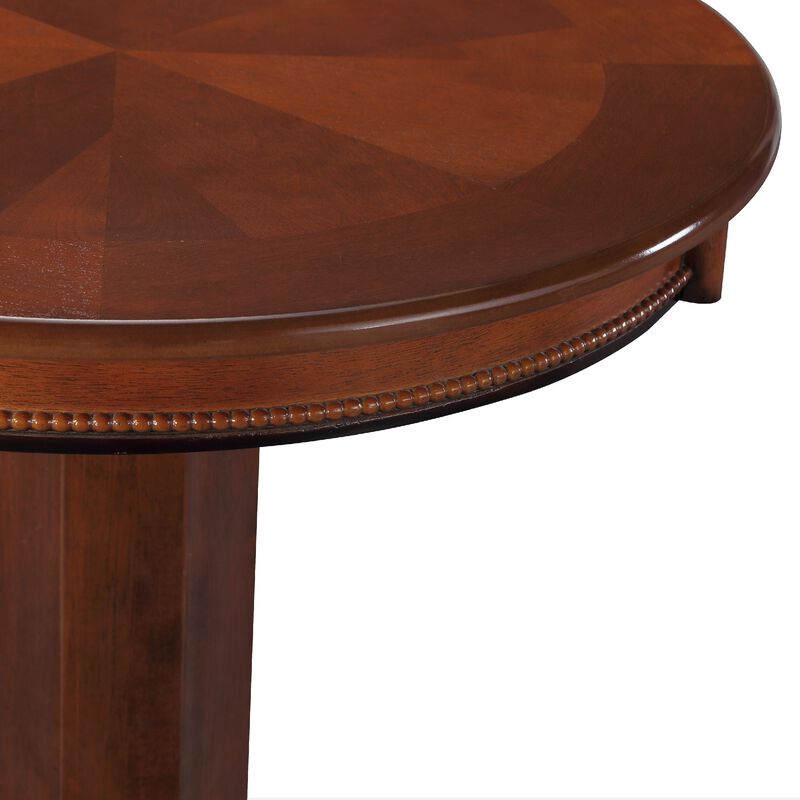 Ava 42 Inch Wood Pub Bar Table, Sunburst Design, Carved Pedestal, Dark Brown-Benzara