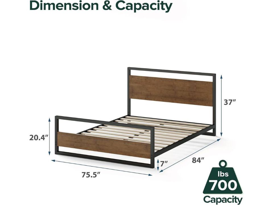 Suzanne King Platform Bed &ndash; Bamboo & Metal Frame with Footboard and Wood Slat Support