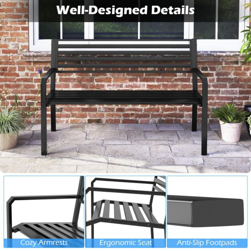 Hivvago 50 Inch Outdoor Metal Park Bench Patio Slatted Garden Bench for 2-3 People