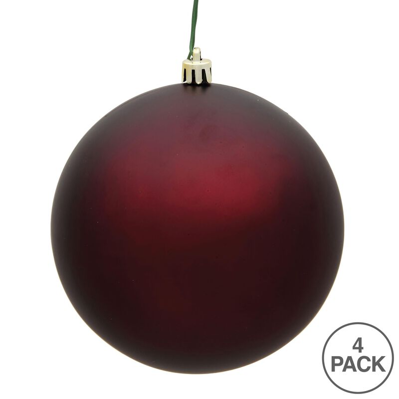 Vickerman 6" Burgundy Matte Ball Ornament - Shatterproof & UV Resistant Plastic - Drilled Cap with Floral Wire - Ready to Hang - 4 Ornaments Per Pack - Ready to Hang image number 2