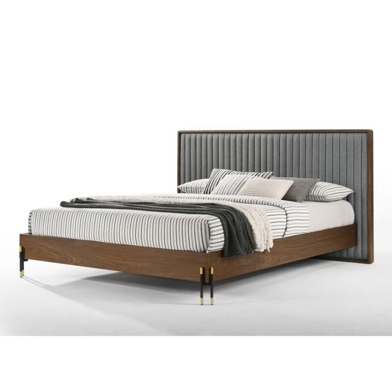 Noe Sia King Size Platform Bed, Channel Tufted Upholstery, Gray, Brown - Benzara