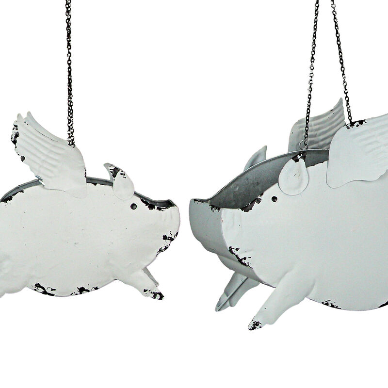 Metal Distressed White Flying Pig Hanging Planter Set Large & Small Flower Pots image number 1