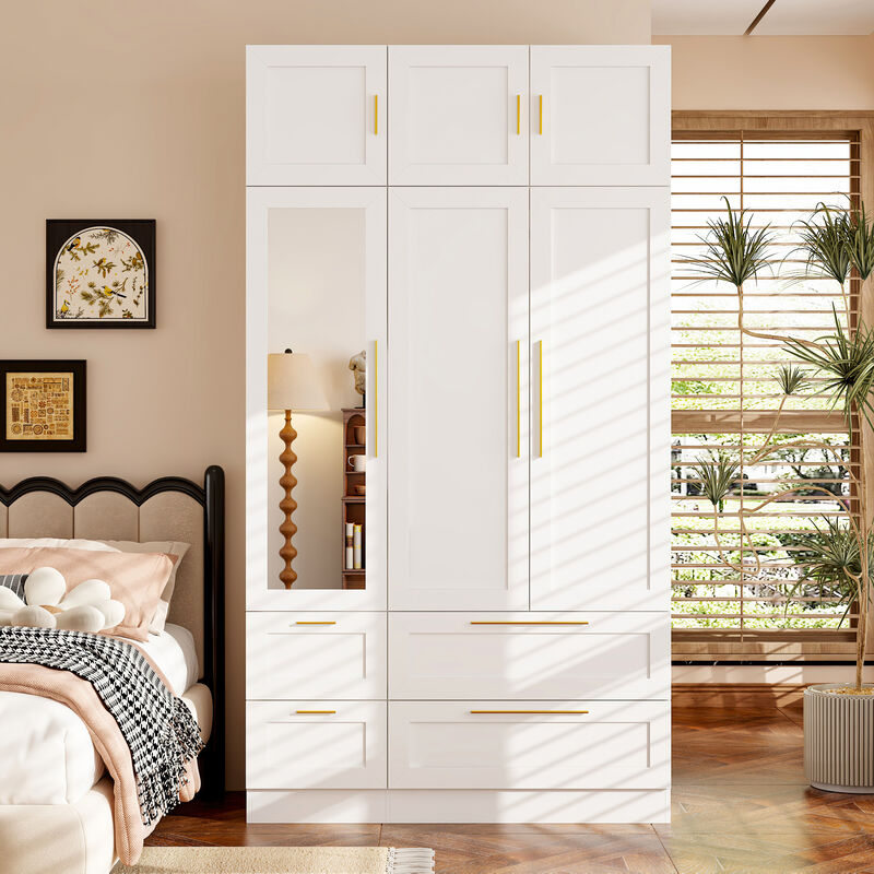 FUFU&GAGA Modern Wardrobe with Gold Handles, Spacious Storage and Hanging Rods (47" W x 20.5" D x 86.7" H),White