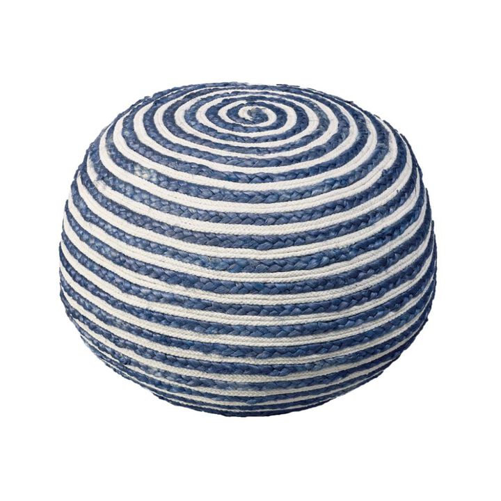 Hivvago 20 Inch Blue Cotton Blend Round Striped Pouf Ottoman