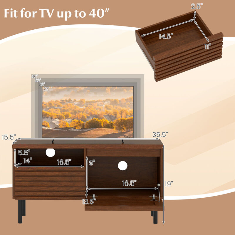 Fluted TV Stand, Mid Century Modern Entertainment Center with Open Storage Compartment-Walnut image number 2