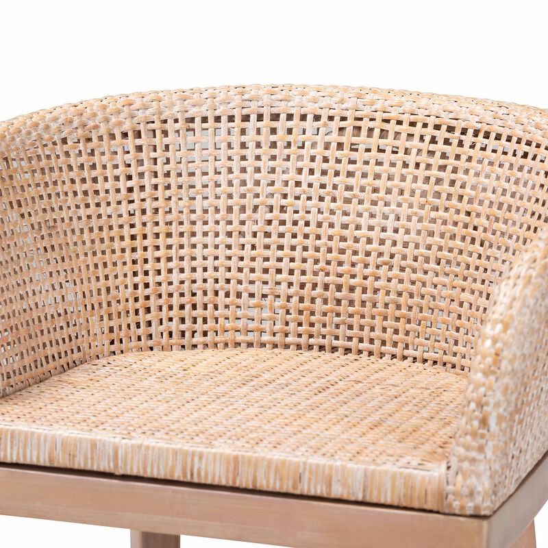 bali & pari Papua Modern Bohemian Antique White Washed Rattan and Mahogany Wood Counter Stool