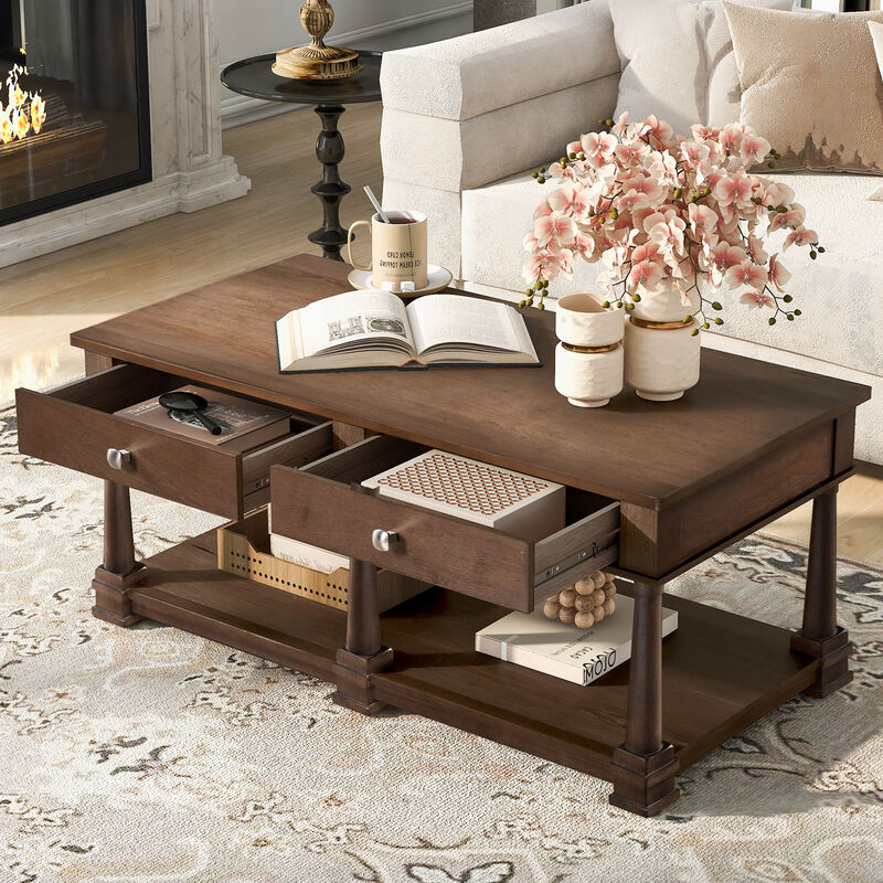 Merax Traditional Wood Coffee Table with 2 Spacious Drawers, Rich Wood Grain Finish image number 2