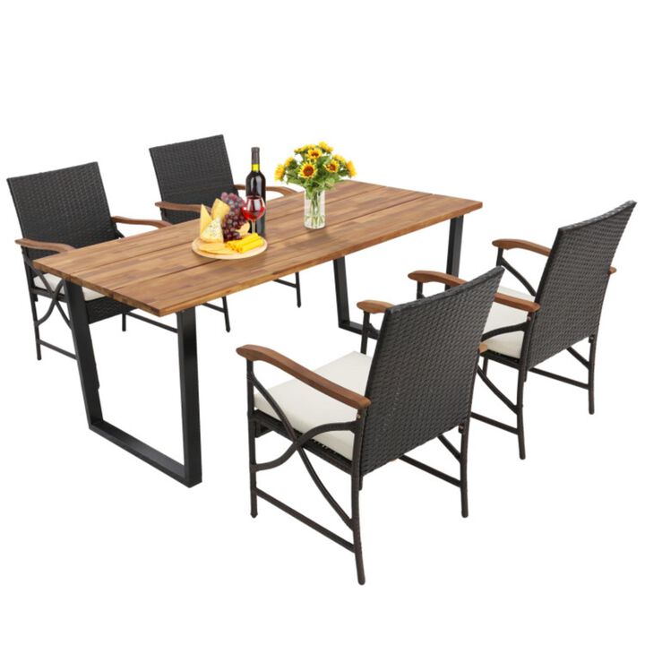 Hivvago 5 Pieces Patio Rattan Dining Set with Acacia Wood Tabletop and Armrests